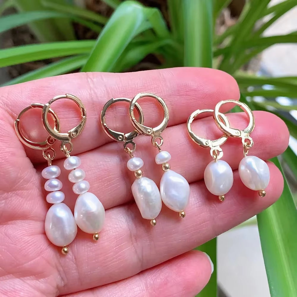 Gold Color Natural Freshwater Pearl Earrings Irregular Baroque Pearl Tassel Charm Small Loop Huggie Pearl Earring