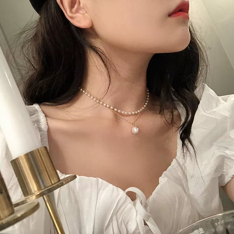 2021 New Fashion Kpop Pearl Choker Necklace Cute Double Layer Chain Pendant for Women Jewelry Girl Gift