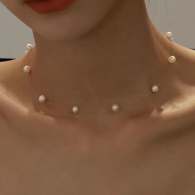 New Beads Neck Chain Kpop Pearl Choker Necklace Invisible Transparent Fishing Line Chocker Jewelry Collar for Women