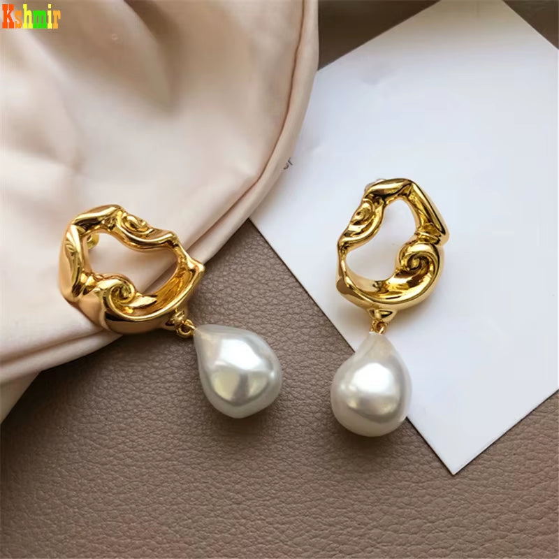 Irregular Metal Hanging Baroque Abnormity Pearl Korean Female Earrings Lava Pearl High Pearl Female Earrings