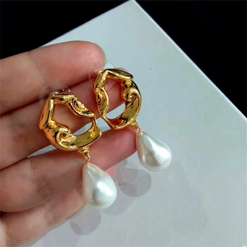 Irregular Metal Hanging Baroque Abnormity Pearl Korean Female Earrings Lava Pearl High Pearl Female Earrings