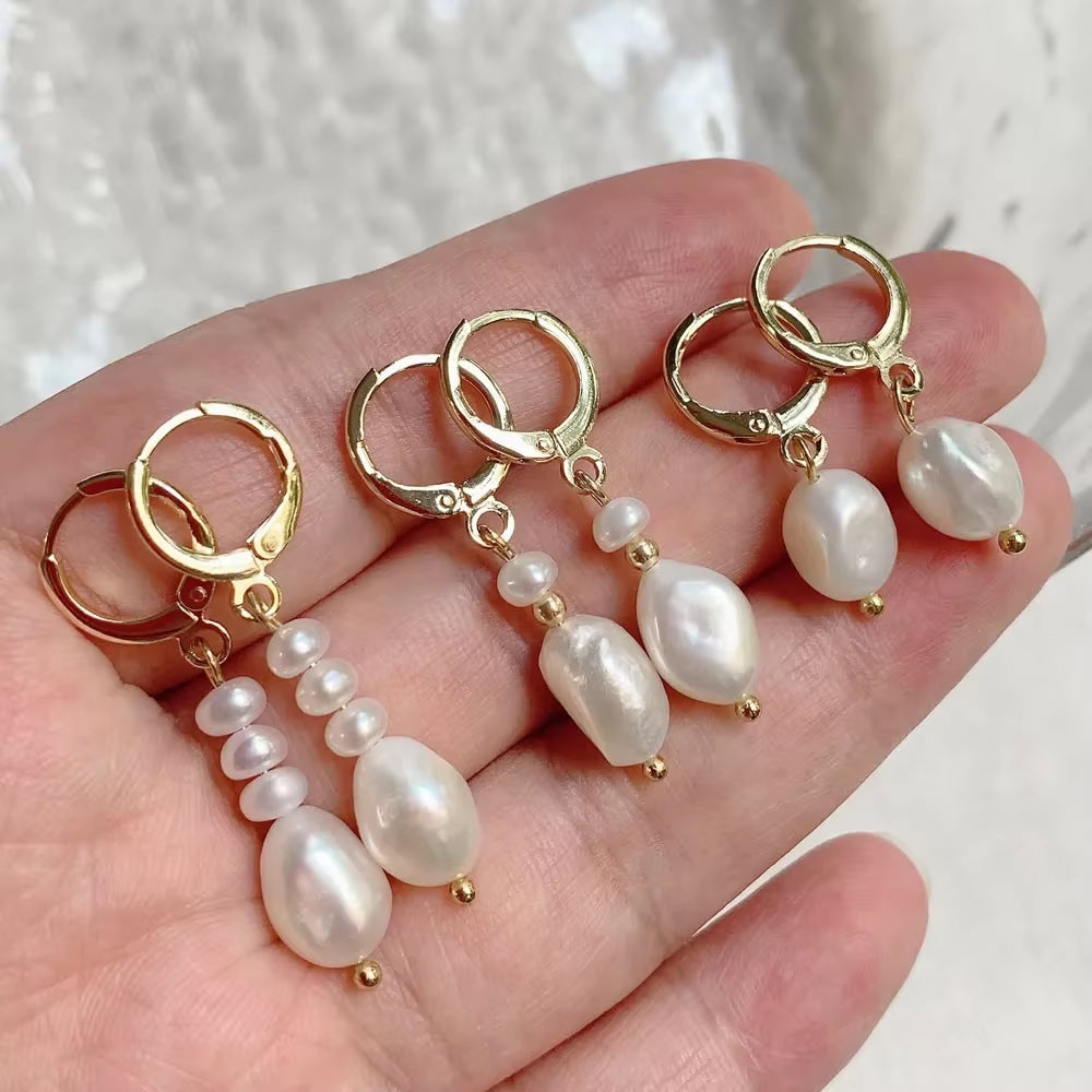 Gold Color Natural Freshwater Pearl  Earrings Irregular Baroque Pearl Tassel  Charm Small Loop Huggie Pearl Earring