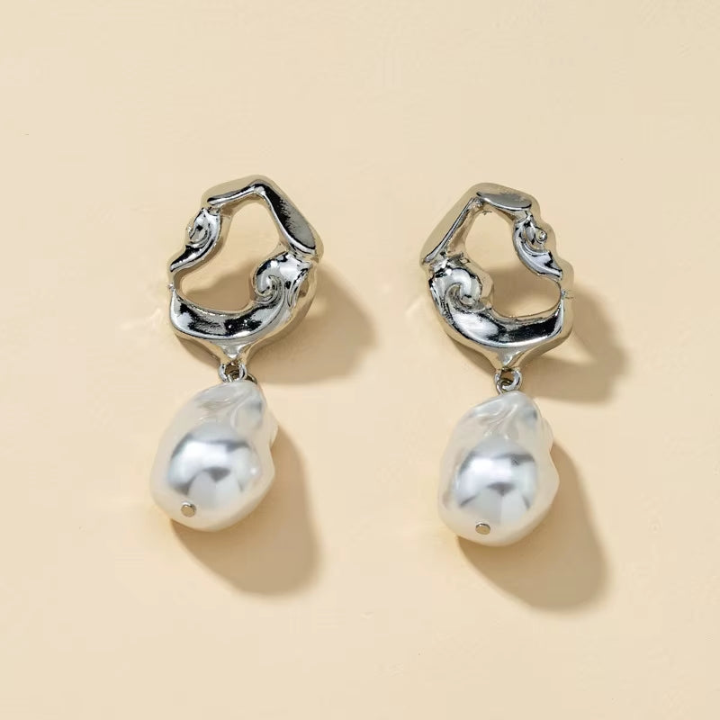 Irregular Metal Hanging Baroque Abnormity Pearl Korean Female Earrings Lava Pearl High Pearl Female Earrings