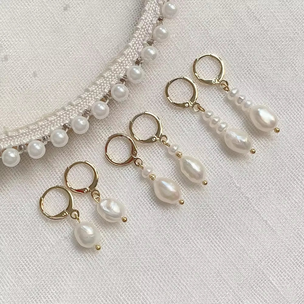 Gold Color Natural Freshwater Pearl  Earrings Irregular Baroque Pearl Tassel  Charm Small Loop Huggie Pearl Earring