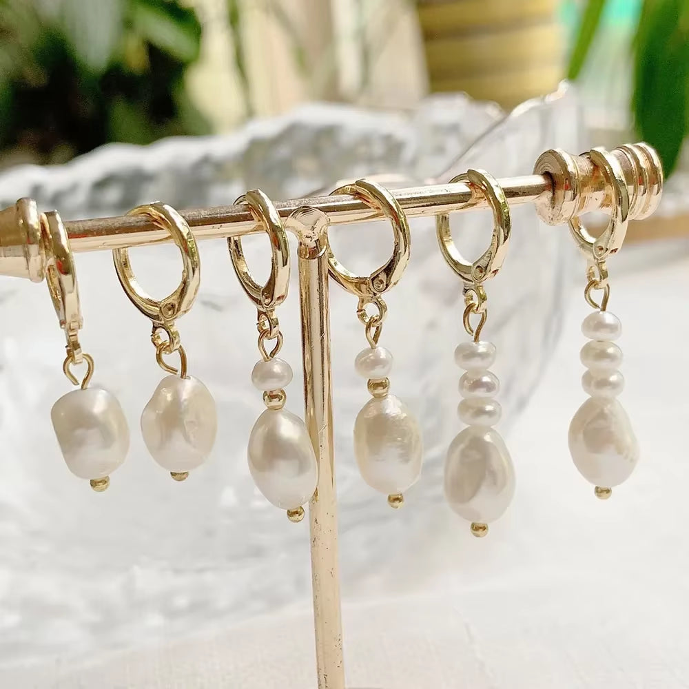 Gold Color Natural Freshwater Pearl  Earrings Irregular Baroque Pearl Tassel  Charm Small Loop Huggie Pearl Earring