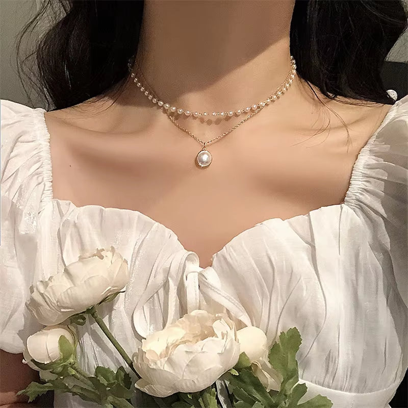 2021 New Fashion Kpop Pearl Choker Necklace Cute Double Layer Chain Pendant for Women Jewelry Girl Gift