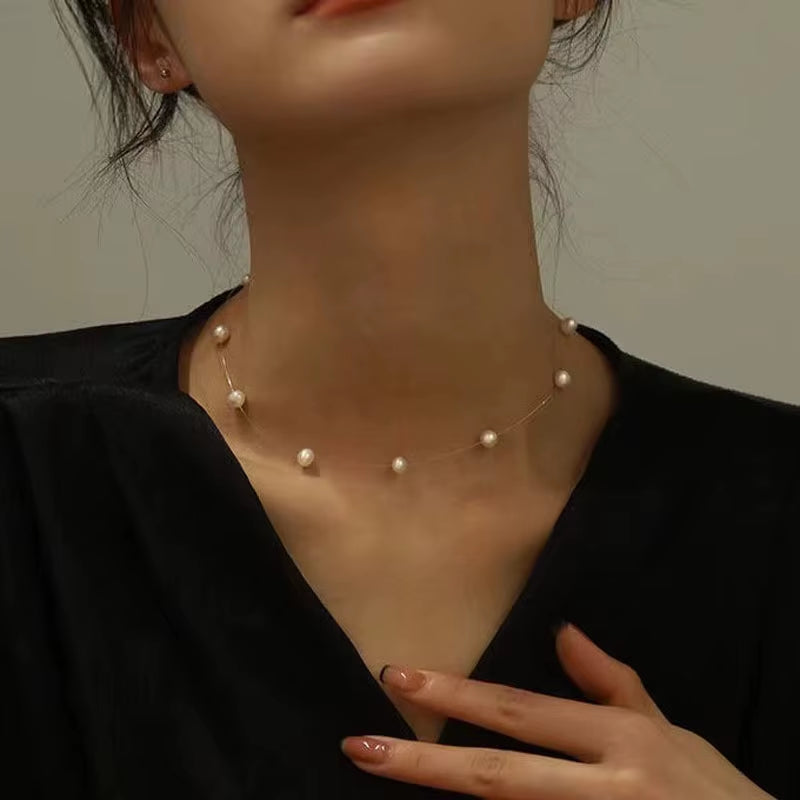 New Beads Neck Chain Kpop Pearl Choker Necklace Invisible Transparent Fishing Line Chocker Jewelry Collar for Women