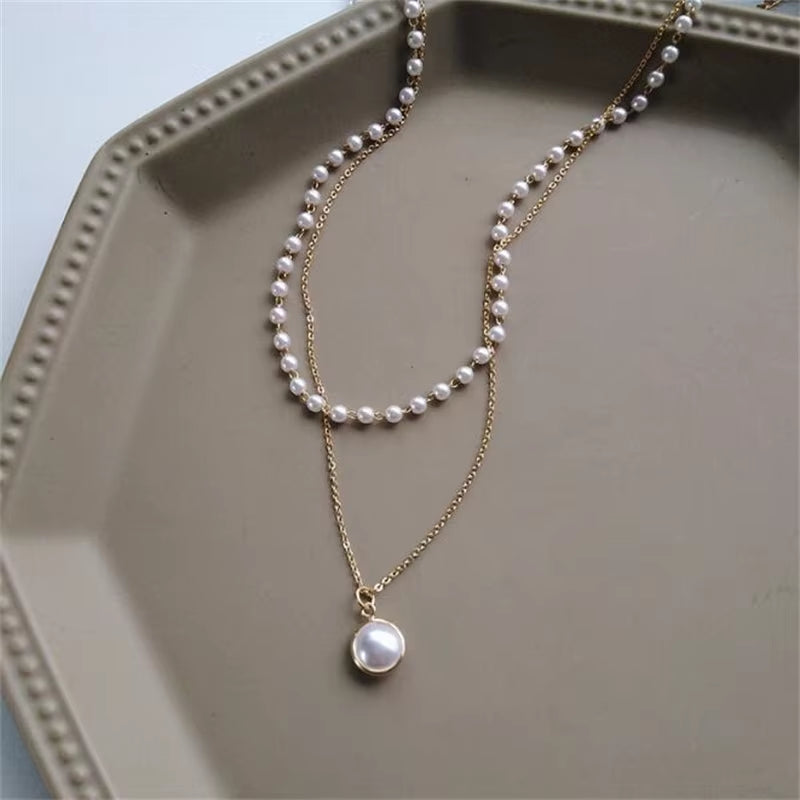 2021 New Fashion Kpop Pearl Choker Necklace Cute Double Layer Chain Pendant for Women Jewelry Girl Gift